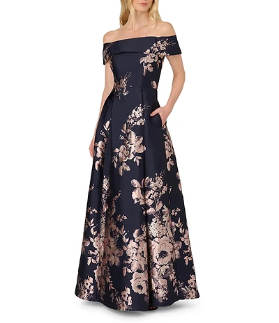 Adrianna Papell Petite Size Border Jacquard Off-The-Shoulder Metallic Floral Print Gown