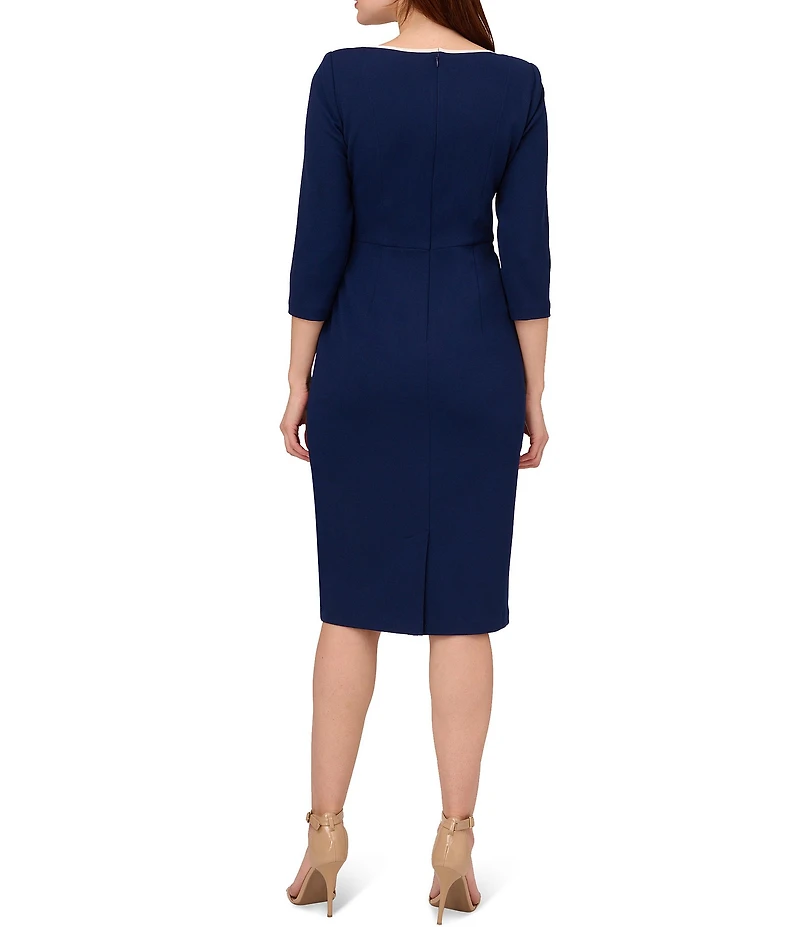 Adrianna Papell Petite Size Contrast Trim Boat Neck 3/4 Sleeve Tie Waist Crepe Dress