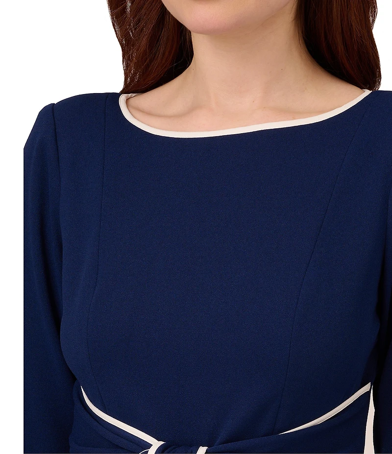 Adrianna Papell Petite Size Contrast Trim Boat Neck 3/4 Sleeve Tie Waist Crepe Dress
