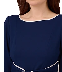Adrianna Papell Petite Size Contrast Trim Boat Neck 3/4 Sleeve Tie Waist Crepe Dress