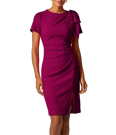 Adrianna Papell Petite Size Crepe Crew Neck Short Sleeve Bow Shoulder Ruched Sheath Knee Length Dress