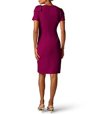Adrianna Papell Petite Size Crepe Crew Neck Short Sleeve Bow Shoulder Ruched Sheath Knee Length Dress