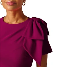 Adrianna Papell Petite Size Crepe Crew Neck Short Sleeve Bow Shoulder Ruched Sheath Knee Length Dress