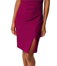 Adrianna Papell Petite Size Crepe Crew Neck Short Sleeve Bow Shoulder Ruched Sheath Knee Length Dress