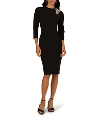 Adrianna Papell Petite Size Crepe Mock Neck Elbow Sleeve 3D Floral Detail Sheath Dress