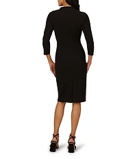 Adrianna Papell Petite Size Crepe Mock Neck Elbow Sleeve 3D Floral Detail Sheath Dress