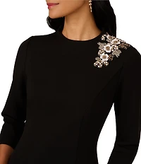 Adrianna Papell Petite Size Crepe Mock Neck Elbow Sleeve 3D Floral Detail Sheath Dress