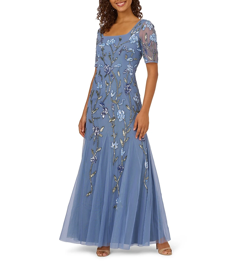 Adrianna Papell Petite Size Floral Beaded Mesh Square Neck Elbow Sleeve Godet Gown