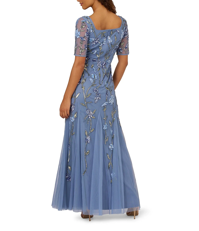 Adrianna Papell Petite Size Floral Beaded Mesh Square Neck Elbow Sleeve Godet Gown