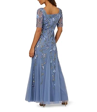 Adrianna Papell Petite Size Floral Beaded Mesh Square Neck Elbow Sleeve Godet Gown