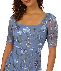 Adrianna Papell Petite Size Floral Beaded Mesh Square Neck Elbow Sleeve Godet Gown