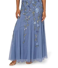 Adrianna Papell Petite Size Floral Beaded Mesh Square Neck Elbow Sleeve Godet Gown