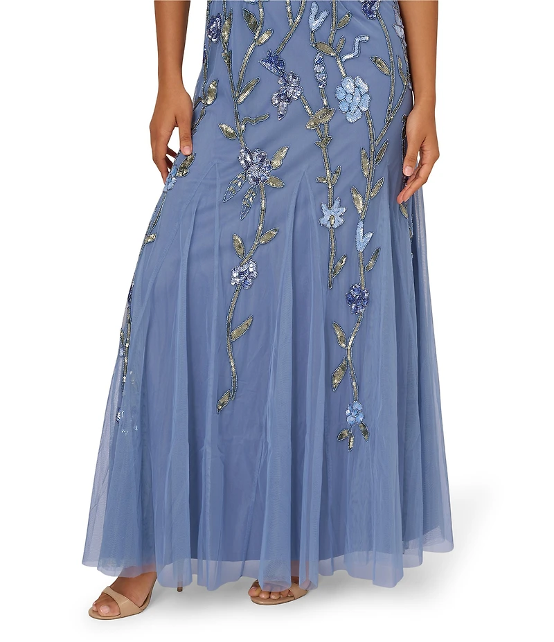 Adrianna Papell Petite Size Floral Beaded Mesh Square Neck Elbow Sleeve Godet Gown