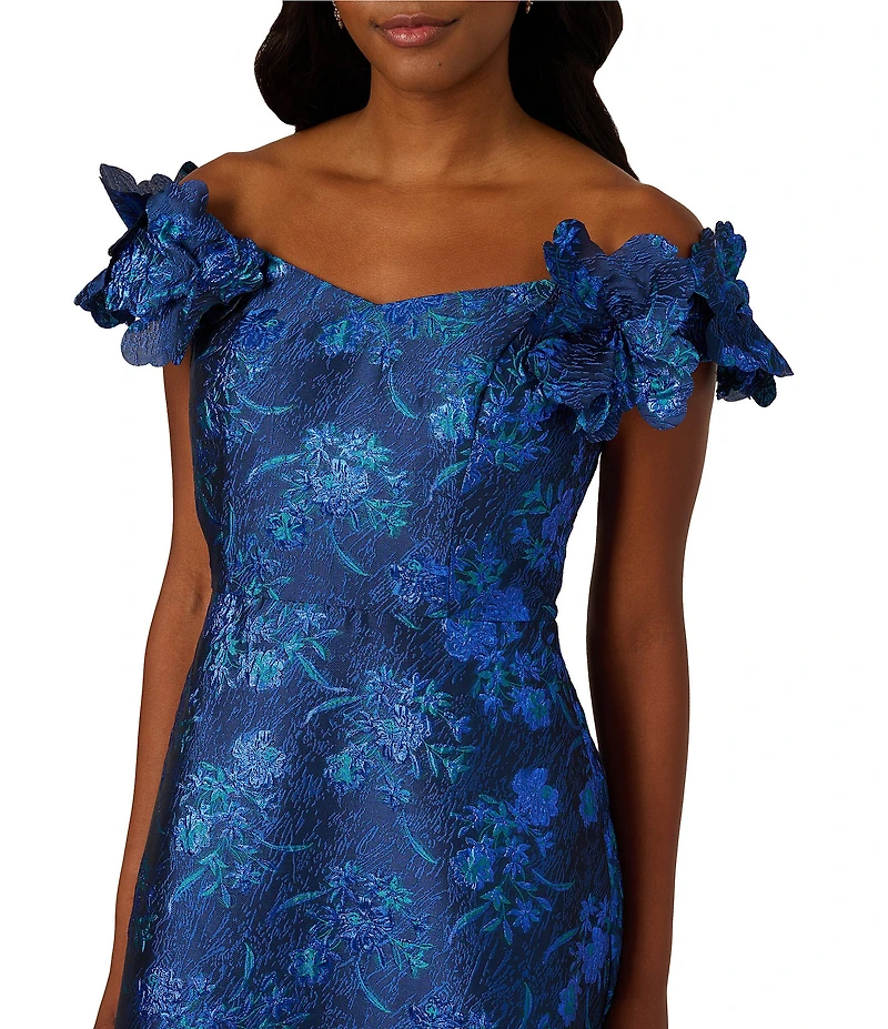 Adrianna Papell Petite Size Floral Embellished Print Off-The-Shoulder Jacquard Gown