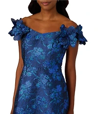 Adrianna Papell Petite Size Floral Embellished Print Off-The-Shoulder Jacquard Gown