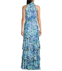 Adrianna Papell Petite Size Floral Glazed Chiffon Halter Neck Sleeveless Tiered Gown