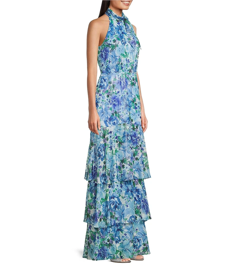 Adrianna Papell Petite Size Floral Glazed Chiffon Halter Neck Sleeveless Tiered Gown