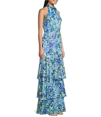 Adrianna Papell Petite Size Floral Glazed Chiffon Halter Neck Sleeveless Tiered Gown