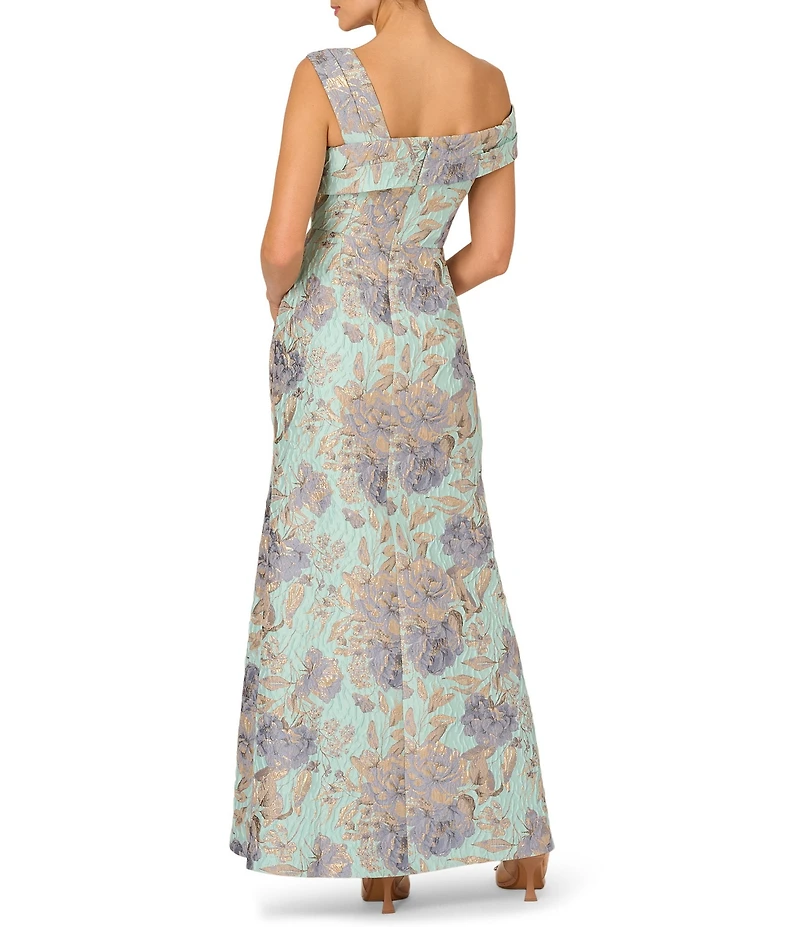 Adrianna Papell Petite Size Floral Jacquard Asymmetrical Neck Long Gown