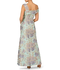 Adrianna Papell Petite Size Floral Jacquard Asymmetrical Neck Long Gown
