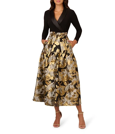 Adrianna Papell Petite Size Floral Jacquard Lapel V-Neck Long Sleeve Side Pocket Tuxedo Midi Dress