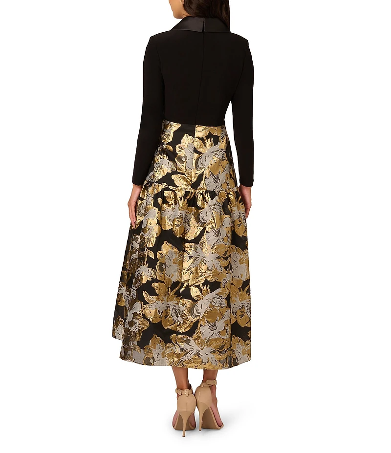 Adrianna Papell Petite Size Floral Jacquard Lapel V-Neck Long Sleeve Side Pocket Tuxedo Midi Dress