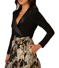 Adrianna Papell Petite Size Floral Jacquard Lapel V-Neck Long Sleeve Side Pocket Tuxedo Midi Dress