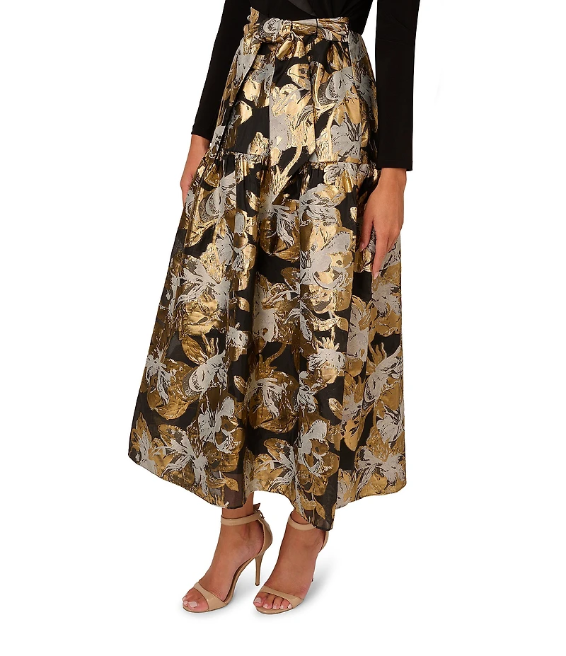 Adrianna Papell Petite Size Floral Jacquard Lapel V-Neck Long Sleeve Side Pocket Tuxedo Midi Dress