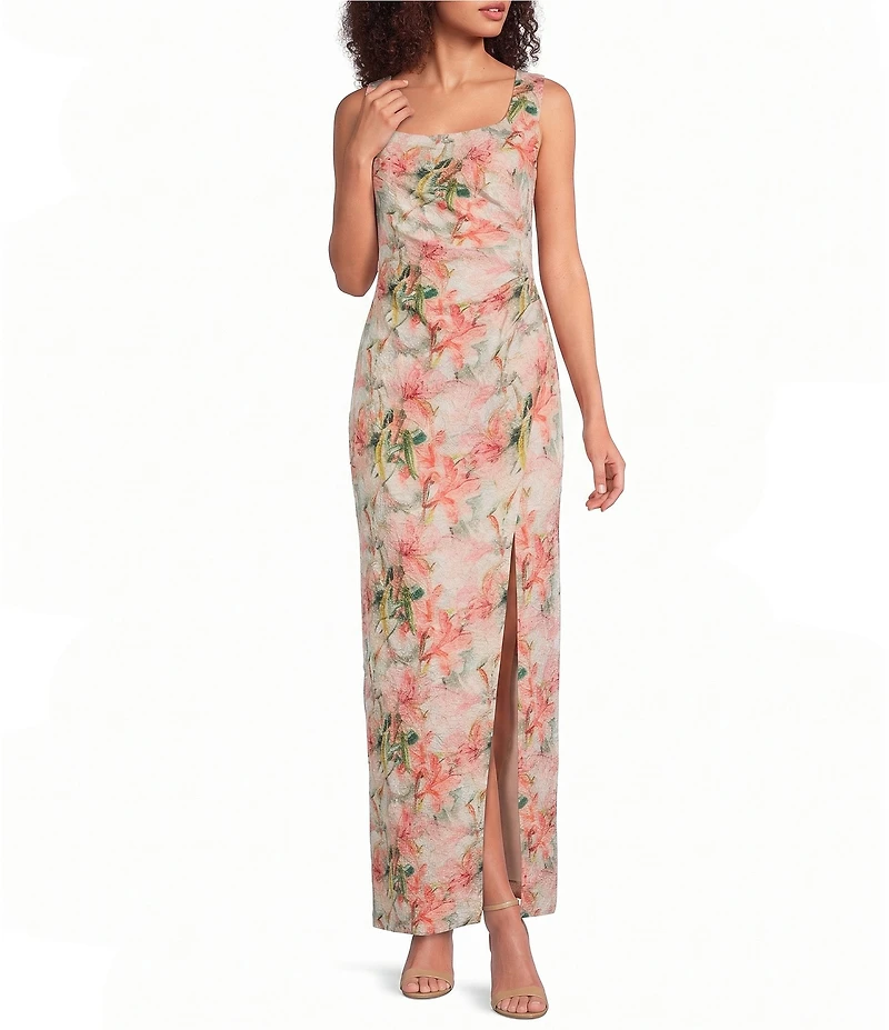 Adrianna Papell Petite Size Floral Jacquard Sleeveless Long Dress