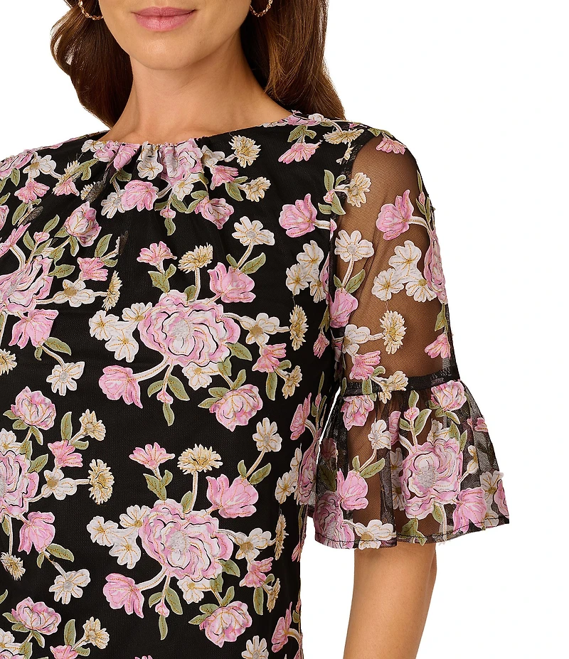 Adrianna Papell Petite Size Floral Print Embroidered A-line Flutter Sleeve Dress