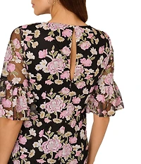 Adrianna Papell Petite Size Floral Print Embroidered A-line Flutter Sleeve Dress