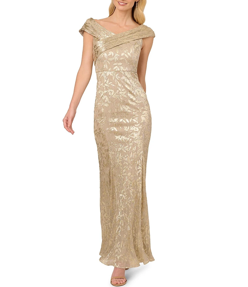 Adrianna Papell Petite Size Foil Leaf Off-The-Shoulder Neck Cap Sleeve Sheath Gown