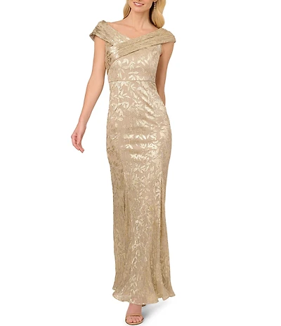 Adrianna Papell Petite Size Foil Leaf Off-The-Shoulder Neck Cap Sleeve Sheath Gown