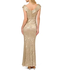 Adrianna Papell Petite Size Foil Leaf Off-The-Shoulder Neck Cap Sleeve Sheath Gown