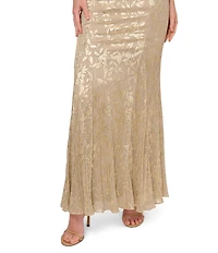 Adrianna Papell Petite Size Foil Leaf Off-The-Shoulder Neck Cap Sleeve Sheath Gown