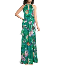 Adrianna Papell Petite Size Halter Neck Keyhole Floral Print Chiffon Long Gown
