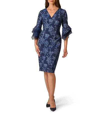 Adrianna Papell Petite Size Jacquard Floral Print 3/4 Sleeve Sheath Dress
