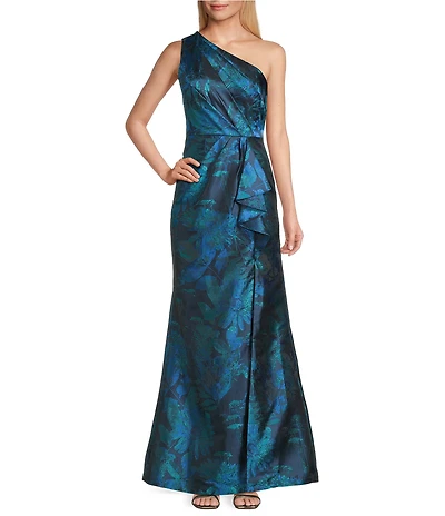 Adrianna Papell Petite Size Jacquard Floral Print One Shoulder Sleeveless Ruffle A-Line Gown