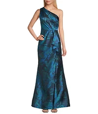 Adrianna Papell Petite Size Jacquard Floral Print One Shoulder Sleeveless Ruffle A-Line Gown