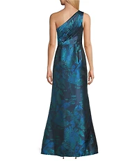 Adrianna Papell Petite Size Jacquard Floral Print One Shoulder Sleeveless Ruffle A-Line Gown