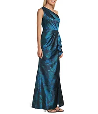 Adrianna Papell Petite Size Jacquard Floral Print One Shoulder Sleeveless Ruffle A-Line Gown