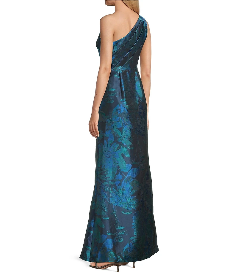 Adrianna Papell Petite Size Jacquard Floral Print One Shoulder Sleeveless Ruffle A-Line Gown