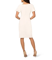 Adrianna Papell Petite Size Knit Crepe Flower Detail Short Sleeve Dress