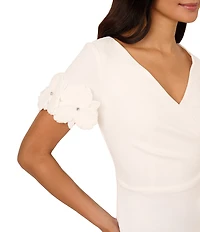 Adrianna Papell Petite Size Knit Crepe Flower Detail Short Sleeve Dress