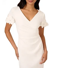 Adrianna Papell Petite Size Knit Crepe Flower Detail Short Sleeve Dress