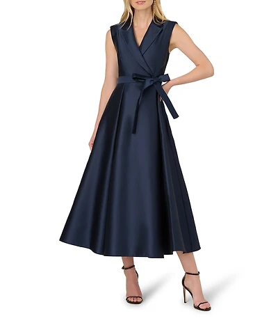 Adrianna Papell Petite Size Lapel Collar Mikado Sleeveless Tie Front Fit And Flare Midi Dress