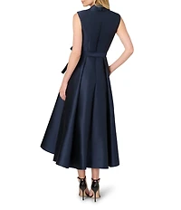 Adrianna Papell Petite Size Lapel Collar Mikado Sleeveless Tie Front Fit And Flare Midi Dress