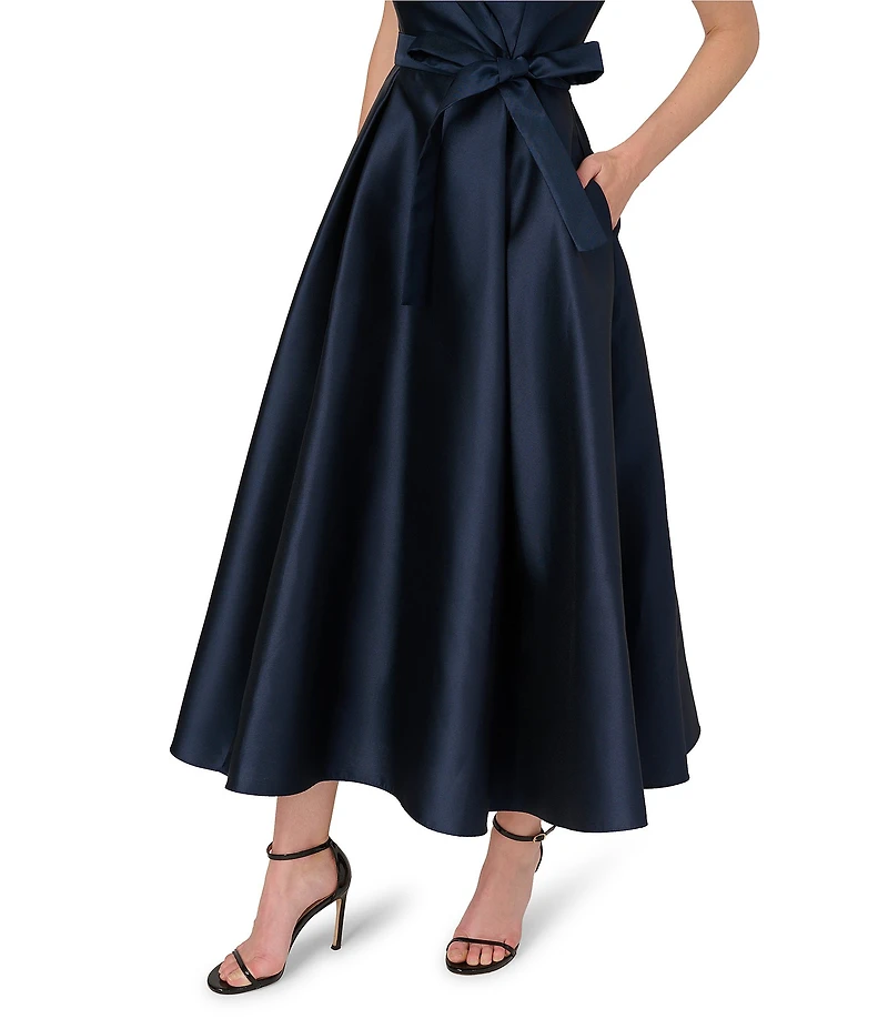 Adrianna Papell Petite Size Lapel Collar Mikado Sleeveless Tie Front Fit And Flare Midi Dress