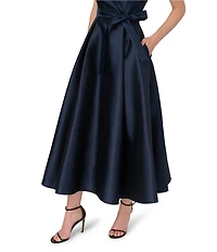 Adrianna Papell Petite Size Lapel Collar Mikado Sleeveless Tie Front Fit And Flare Midi Dress
