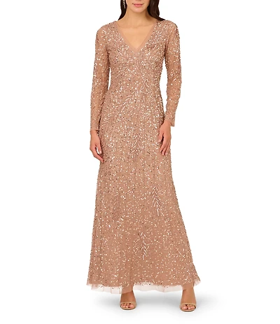 Adrianna Papell Petite Size Long Sleeve Beaded Mesh Sheath Long Dress